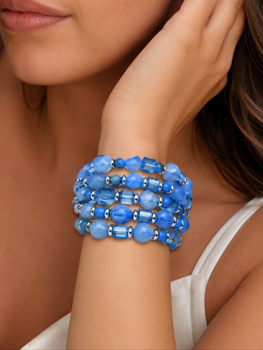 Wrap Bracelet Chunky Assorted Beaded Blue Crystal Fashion Jewelry Accessories